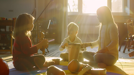 kindergarten teacher with children sitting on the floor having music class using various instruments