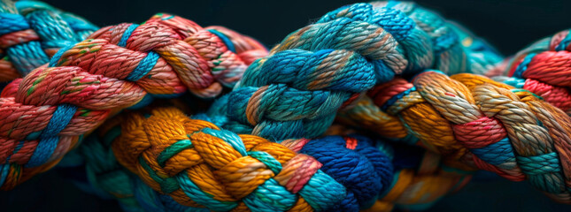 Wall Mural - A colorful rope knot with different colors symbolizing unity and strength on dark background. close up shot, high resolution photography, insanely detailed, fine details, stock photo