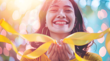 happy woman holding yellow ribbon september suicide prevention day childhood sarcoma bone and bladder cancer Awareness month health care support people and world cancer day concept : Generative AI