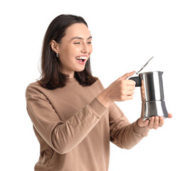 Sticker - Pretty young woman with geyser coffee maker on white background