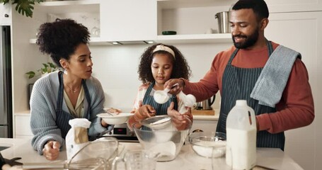 Wall Mural - Happy, family and baking together in kitchen for breakfast, growth and development for child. People, home and food for diet or wellness at morning, learning and bonding with father and mother