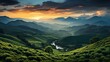 © wiwid - A breathtaking photo of a stunning sunset over a tea plantation in the mountains. The sky is ablaze with color, with shades of orange, pink, and purple swirling together.