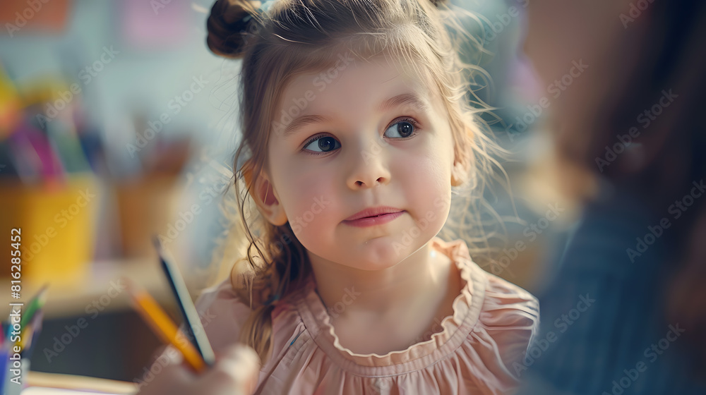 Happy little girl learning to draw with a colour pencil in an ...
