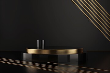 Wall Mural - Minimal black scene with golden lines. Cylindrical gold and black podium on a black background. 3D stage for displaying a cosmetic product