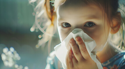 The little girl has a runny nose and blows her nose into a paper handkerchief Childrens cold selective focus on a handkerchief Acute respiratory viral infection : Generative AI