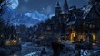 Beautiful Old medieval village at night, highly detailed 3d digital art style
