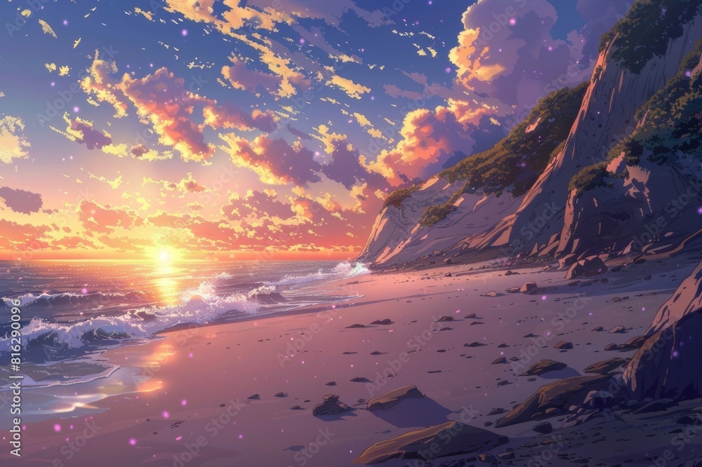 Anime picture of a beach scene with a beautiful sunset. A scene in ...
