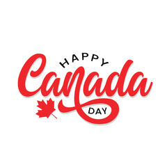Canvas Print - Happy Canada Day typography logo with red a maple leaf vector. handwritten lettering for celebrating Canada day on first July. Greeting card, poster, banner. red color background.