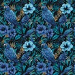 macaw, blue, blue flowers, leaves, fairy tale, fabric pattern, very beautiful seamless, fashion, textile, background