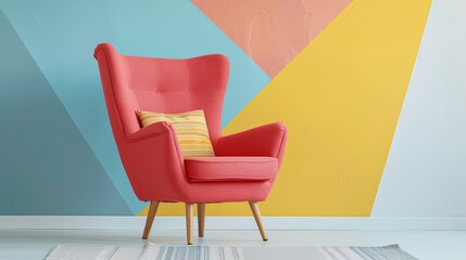 Canvas Print - Vibrant geometric living space with modern pink armchair