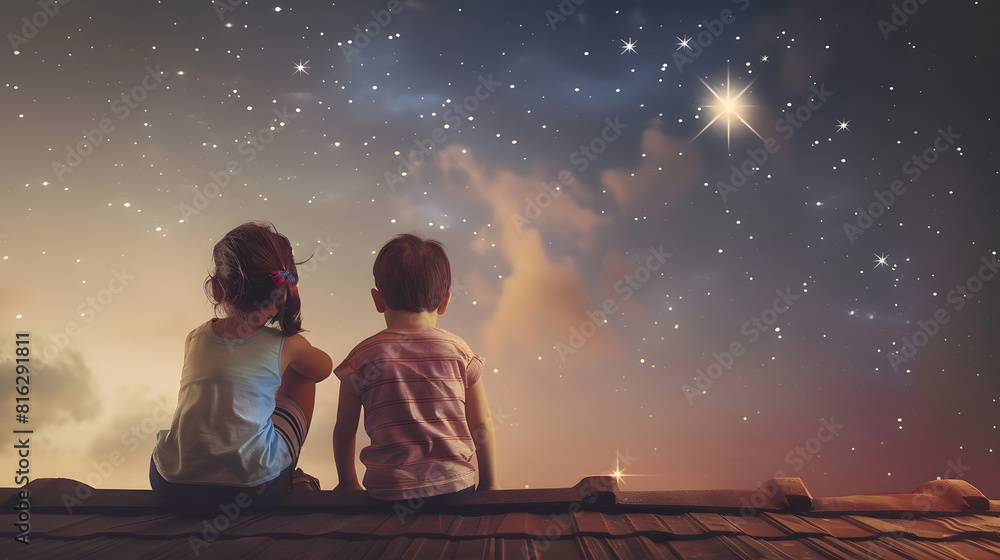 Two cute children sit on the roof and look at the stars Boy and girl ...