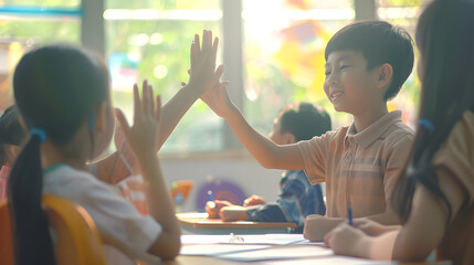 Wall Mural - Pupil boy hi five with asian teacher in classroom at elementary school Student boy study in primary school Children writing notes in classroom Education knowledge successful teamwork c : Generative AI