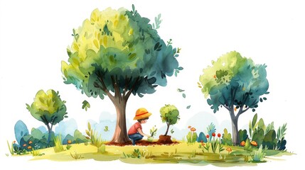 A watercolor painting of a child planting a tree in a field. The child is wearing a straw hat and overalls. The sun is shining and there are two other trees in the background.