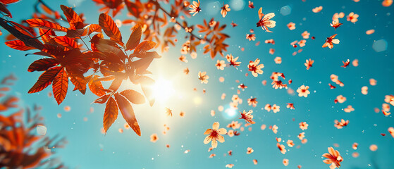 Wall Mural - Spring Blossoms on a Sunny Day, Soft Focus on Pink and White Flowers Against a Blue Sky