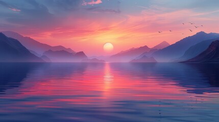 Wall Mural - Serene sunset over tranquil lake