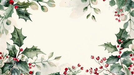 Elegant watercolor illustration of holly and berries border with a vintage feel for festive designs