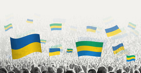 Sticker - People waving flag of Gabon and Ukraine, symbolizing Gabon solidarity for Ukraine.