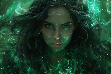 Wall Mural - Enchanting Dark Enchantress: Emerald Magic Conjuration