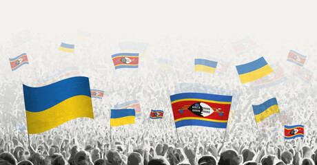 Sticker - People waving flag of Swaziland and Ukraine, symbolizing Swaziland solidarity for Ukraine.