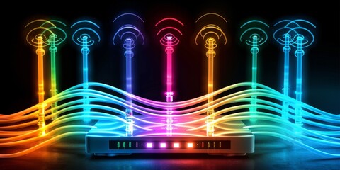 Wall Mural - Colorful Wireless Network Router with Rainbow Signal Spectrum and Glowing Waves Representing Strong Wi-Fi Connectivity and Speed