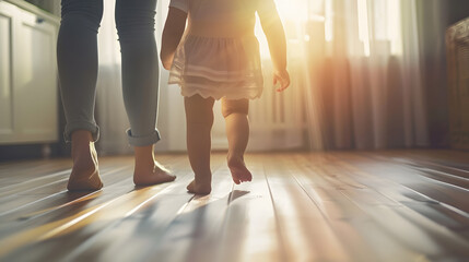 Caring mother holding cute little baby daughter or son hands make first steps together Happy adorable kid child learn walking on wooden floor in home with mom copy space Childhood conc : Generative AI