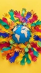 Wall Mural - World Population Day. A colorful paper cut out of hands surrounding the earth.