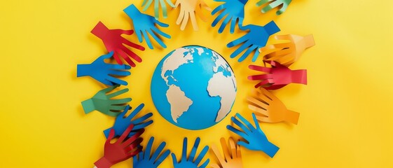 Wall Mural - World Population Day. A colorful paper cut out of hands surrounding the earth. World day as diverse cultures and multiculturalism society.