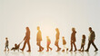 © Generative AI - Full length profile shot of a group of people walking from a baby crawling to a senior isolated on white background : Generative AI