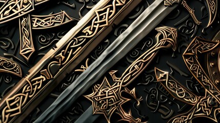 A series of Celtic warrior motifs, including swords and helmets, intricately designed with knotwork and set against a black background, Close up