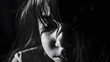 © Generative AI - Dramatic black and white  portrait of beautiful sad little child girl with shadow on face closeup  lonely in the dark Childhood and problems of parents and children concept : Generative AI