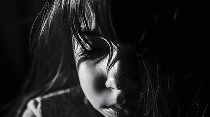Dramatic black and white  portrait of beautiful sad little child girl with shadow on face closeup  lonely in the dark Childhood and problems of parents and children concept : Generative AI