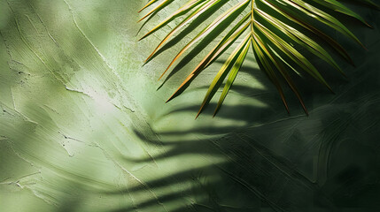Wall Mural - Palm leaf shadow on a green wall background Olive color stylish flat lay with trendy shadow and sun light : Generative AI