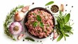 Fresh ground pork from a top-down perspective, featuring seasoning ingredients like garlic, onion, and herbs, perfect for advertising pork burgers, isolated background