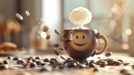 Wall Mural - Adorable java joy: 3d cute cartoon happy coffee bean character with steam - bringing a smile with a delightful of a cheerful coffee bean, emanating steam from a brimming cup.
