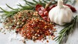 Fresh burger seasonings in close-up, highlighting rosemary, garlic salt, and red pepper flakes, on an isolated background with studio lighting