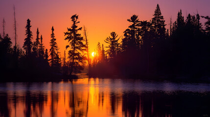 Aufkleber - The Sun Setting Behind Silhouetted Pine Trees on Knife Lake in the Boundary Waters Canoe Area in Minnesota : Generative AI