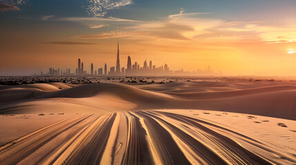 Wall Mural - Dubai skyline on the horizon of a sand and dune landscape with tire tracks from a 4x4 vehicle during safari excursion Blue sky at sunset : Generative AI