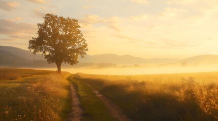 Rural landscape with a path and the silhouette of a lone tree on a meadow at sunrise mist on the horizon and magnificent gold sunlight : Generative AI