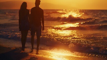 Wall Mural - Man and woman standing near each other at the beach Silhouette of Young couple relaxing and staring at small waves of sea and orange golden sunset Peaceful atmosphere in spring evening : Generative AI