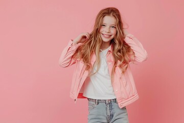 fashionable young girl comparing outfits empty space pink background full body studio shot