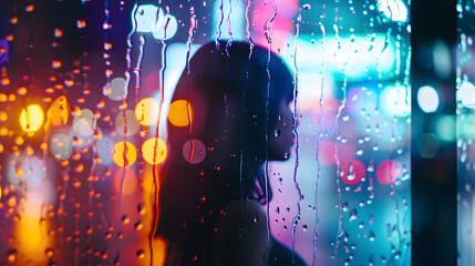 Aufkleber - View through glass window with rain drops on blurred  silhouette of a girl on a city street after rain and colorful neon bokeh city lights night street scene Focus on raindrops on glas : Generative AI