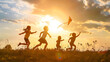 © Generative AI - children run with a kite in the park happy family kid dream concept a group of children run in the park in nature at sunset playing with kite kids silhouette play together in park with : Generative AI