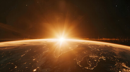 Aufkleber - Planet Earth dawn sunset from space Silhouette planet earth in rays of sun against background of space stars and galaxies 3D render : Generative AI