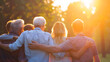 © Generative AI - Back view of happy multigenerational people having fun in a public park during sunset time  Community and support concept : Generative AI