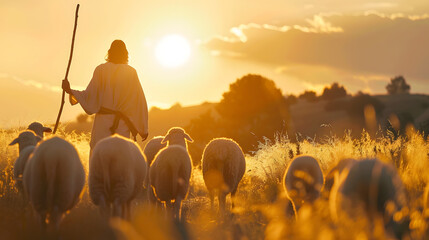 Shepherd Jesus Christ leading the flock and praying to Jehovah God and bright light sun and Jesus silhouette background in the field : Generative AI