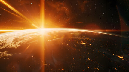 Aufkleber - Planet Earth dawn sunset from space Silhouette planet earth in rays of sun against background of space stars and galaxies 3D render : Generative AI