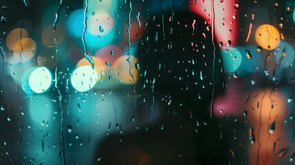 Aufkleber - View through glass window with rain drops on blurred  silhouette of a girl on a city street after rain and colorful neon bokeh city lights night street scene Focus on raindrops on glas : Generative AI