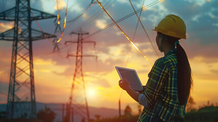 Aufkleber - Electrician in outdoors Electric lines of high voltage at sunset Woman engineer power engineer in helmet checks power line using computer tablet online Distribution and supply of elect : Generative AI