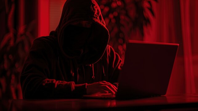 A hacker in a hoodie sits at a laptop