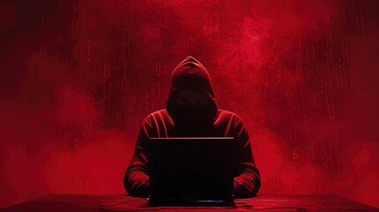 Wall Mural - A hacker in a hoodie sits at a laptop